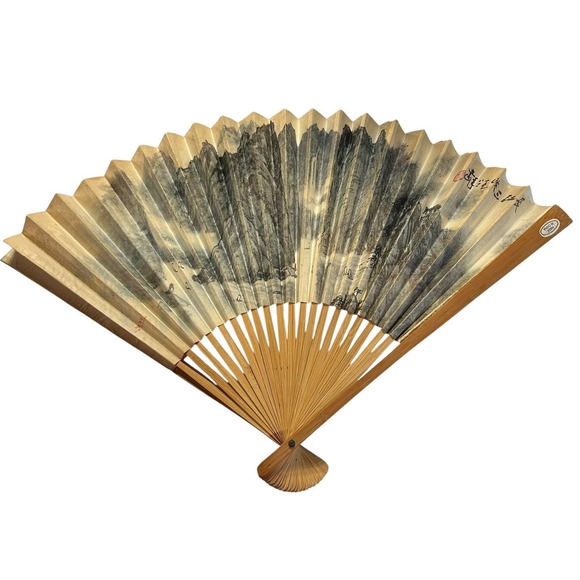 Vintage Accessories - Vintage Chinese Folding Fan Bamboo‎ Paper Ink Landscape Mountain Scene